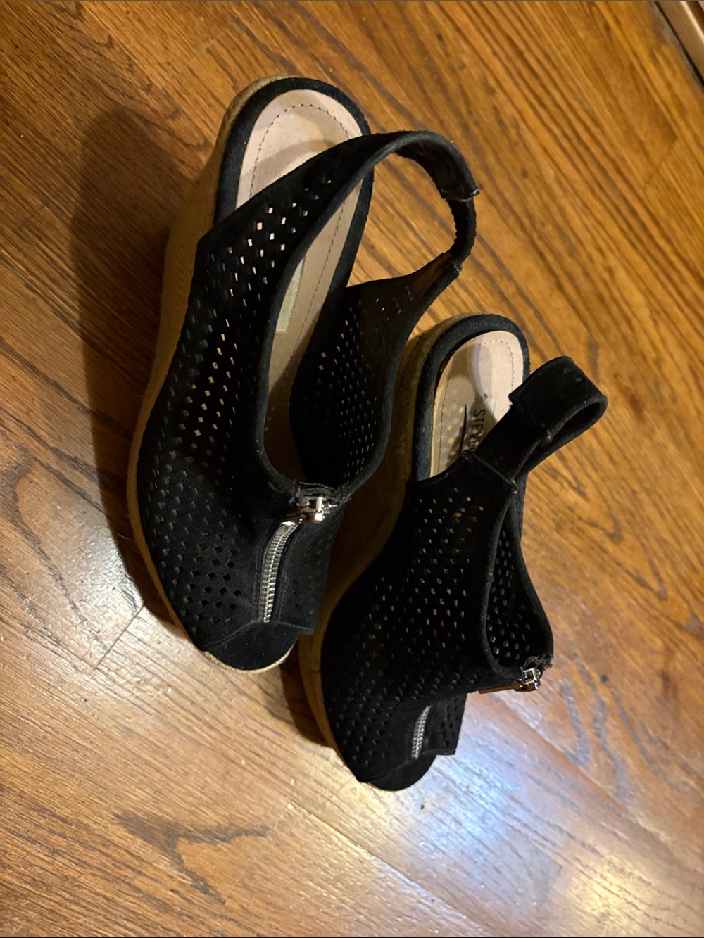Steve Madden Black Perforated Wedge Slingback Sandals